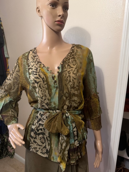Alberto Makali Tops - Alberto Makali Olive Green and Gold Patterned Boho Blouse